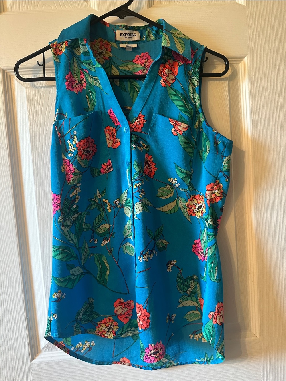 Express Teal Floral Sleeveless Collared Camisole